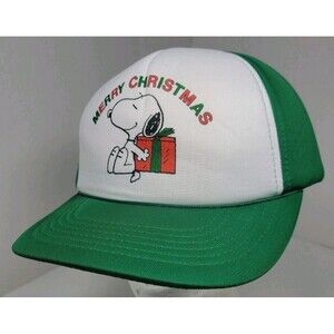 Vintage PEANUTS Trucker Hat Green Snoopy Merry Christmas Snapback One Size Foam